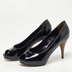 Fendi Black Patent Leather FF Heels Peep Toe Platform Pumps Size 35.5