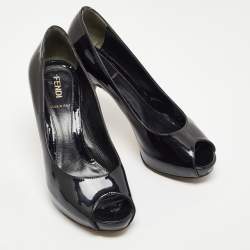 Fendi Black Patent Leather FF Heels Peep Toe Platform Pumps Size 35.5