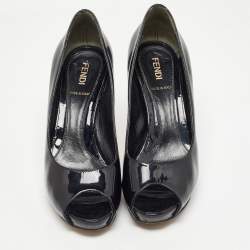Fendi Black Patent Leather FF Heels Peep Toe Platform Pumps Size 35.5