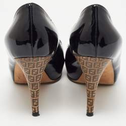 Fendi Black Patent Leather FF Heels Peep Toe Platform Pumps Size 35.5