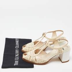 مملوكة مسبقًا صندل فندي جلد ثلاثي اللون مقدمة مفتوحة كعب سميك سير كاحل مقاس 38