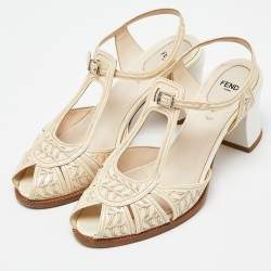 مملوكة مسبقًا صندل فندي جلد ثلاثي اللون مقدمة مفتوحة كعب سميك سير كاحل مقاس 38