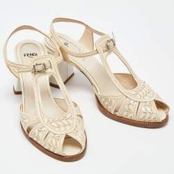 مملوكة مسبقًا صندل فندي جلد ثلاثي اللون مقدمة مفتوحة كعب سميك سير كاحل مقاس 38