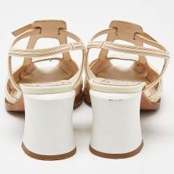 مملوكة مسبقًا صندل فندي جلد ثلاثي اللون مقدمة مفتوحة كعب سميك سير كاحل مقاس 38