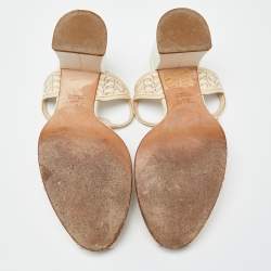 مملوكة مسبقًا صندل فندي جلد ثلاثي اللون مقدمة مفتوحة كعب سميك سير كاحل مقاس 38