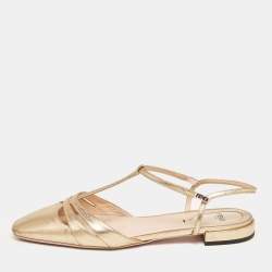 Pre Owned Fendi Gold Leather T-Strap Flat Sandals Size 38