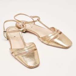 Pre Owned Fendi Gold Leather T-Strap Flat Sandals Size 38
