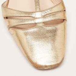 Pre Owned Fendi Gold Leather T-Strap Flat Sandals Size 38