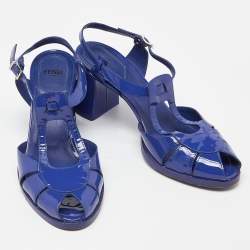 Pre Owned Fendi Blue Patent Leather Chameleon Block Heel Sandals Size 38