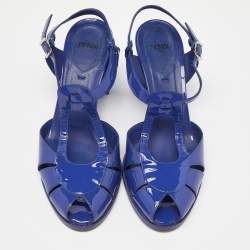 Pre Owned Fendi Blue Patent Leather Chameleon Block Heel Sandals Size 38