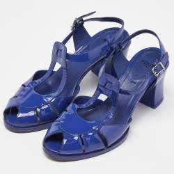 Pre Owned Fendi Blue Patent Leather Chameleon Block Heel Sandals Size 38