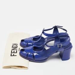 Pre Owned Fendi Blue Patent Leather Chameleon Block Heel Sandals Size 38