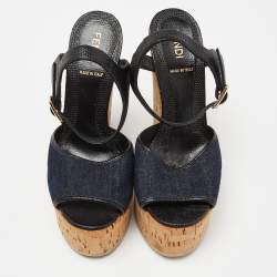 Fendi Navy Blue/Black Denim and Lizard Embossed Leather Cork Wedge Platform Ankle Strap Sandals Size 35