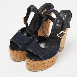 Fendi Navy Blue/Black Denim and Lizard Embossed Leather Cork Wedge Platform Ankle Strap Sandals Size 35