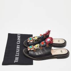 Pre Owned Fendi Black Leather Flowerland Slide Sandals Size 36