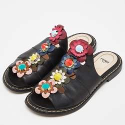 Pre Owned Fendi Black Leather Flowerland Slide Sandals Size 36