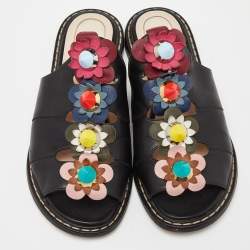 Pre Owned Fendi Black Leather Flowerland Slide Sandals Size 36