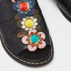 Pre Owned Fendi Black Leather Flowerland Slide Sandals Size 36
