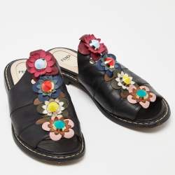Pre Owned Fendi Black Leather Flowerland Slide Sandals Size 36
