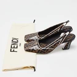 Pre Owned Fendi Multicolor Brown/Black Fabric Freedom FF Logo Slingback Sandals Size 38