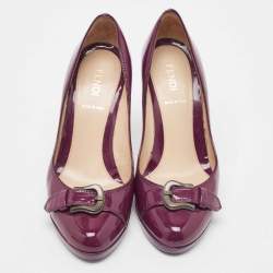 Fendi Burgundy Patent Leather Buckle Detail  Round Toe Pumps Size 36.5