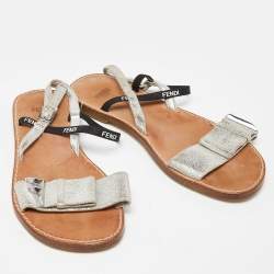 Pre Owned Fendi Silver/Black Textured Suede and Logo Elastic Flat Sandals Size 36