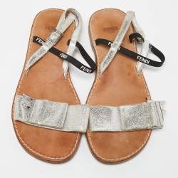 Pre Owned Fendi Silver/Black Textured Suede and Logo Elastic Flat Sandals Size 36