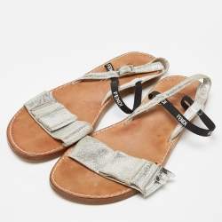 Pre Owned Fendi Silver/Black Textured Suede and Logo Elastic Flat Sandals Size 36