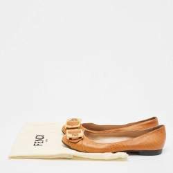 Pre Owned Fendi Brown Lizard Embossed Leather Buckle Detail Ballet Flats Size 39