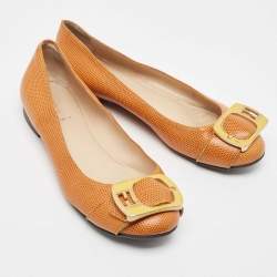 Pre Owned Fendi Brown Lizard Embossed Leather Buckle Detail Ballet Flats Size 39