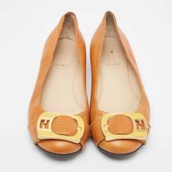 Pre Owned Fendi Brown Lizard Embossed Leather Buckle Detail Ballet Flats Size 39