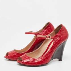 Fendi Red Croc Embossed Leather Peep Toe Wedges Pumps Size 39.5