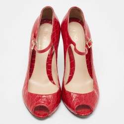 Fendi Red Croc Embossed Leather Peep Toe Wedges Pumps Size 39.5