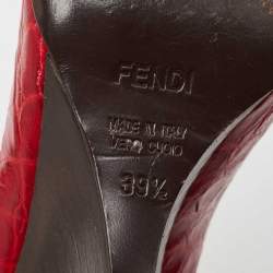 Fendi Red Croc Embossed Leather Peep Toe Wedges Pumps Size 39.5