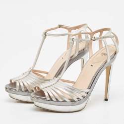 Fendi Silver Leather Strappy T Strap Platform Sandals Size 41