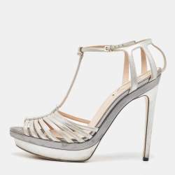 Fendi Silver Leather Strappy T Strap Platform Sandals Size 41