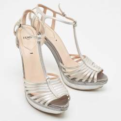 Fendi Silver Leather Strappy T Strap Platform Sandals Size 41