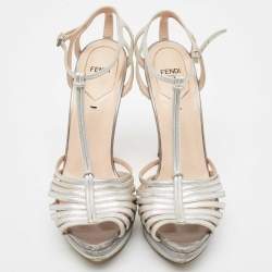 Fendi Silver Leather Strappy T Strap Platform Sandals Size 41