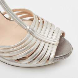 Fendi Silver Leather Strappy T Strap Platform Sandals Size 41