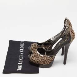 Fendi Beige/Brown Zucchino Canvas and Laminated Leather Cross Strap Platform Sandals Size 37