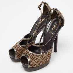Fendi Beige/Brown Zucchino Canvas and Laminated Leather Cross Strap Platform Sandals Size 37