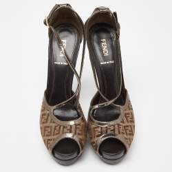 Fendi Beige/Brown Zucchino Canvas and Laminated Leather Cross Strap Platform Sandals Size 37