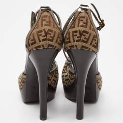 Fendi Beige/Brown Zucchino Canvas and Laminated Leather Cross Strap Platform Sandals Size 37