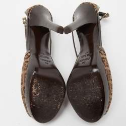 Fendi Beige/Brown Zucchino Canvas and Laminated Leather Cross Strap Platform Sandals Size 37