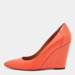Pre Owned Fendi Orange Leather Wedge Pumps Size 38.5