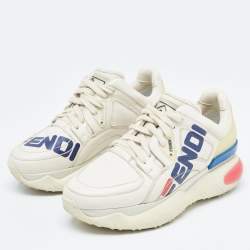 Pre Owned Fendi Cream Leather and Rubber Fendi-Fila Mania Logo Low Top Sneakers Size 36