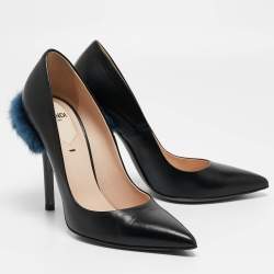 Pre Owned Fendi Black Leather and Mink Fur Trim Pointed Toe Pumps Size 36
