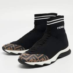 Pre Owned Fendi Black/Brown Knit Fabric and Canvas Sock High Top  Sneakers Size 40