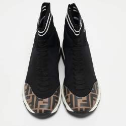 Pre Owned Fendi Black/Brown Knit Fabric and Canvas Sock High Top  Sneakers Size 40