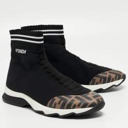 Pre Owned Fendi Black/Brown Knit Fabric and Canvas Sock High Top  Sneakers Size 40